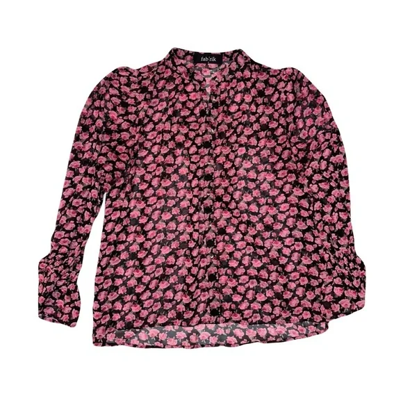 Fab’rik Sheer Long Sleeved Floral Blouse w/Gold Tone Buttons Sz Small Pink Black - Picture 1 of 4